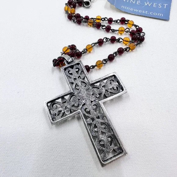 NWT - Nine West - Jeweled Heart Cross Silver Tone Red & Yellow Beaded 14” Choker - Picture 5 of 8